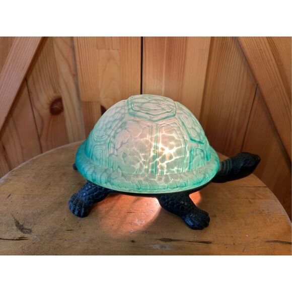 VTG Turtle Lamp Night Light Green Glass Tortoise Shell Cast Metal Corded Works ( - Picture 3 of 7